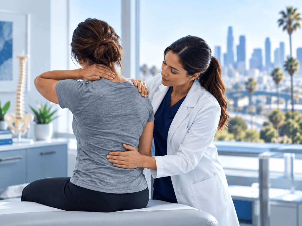 Physician assessing a patient with neck and back pain