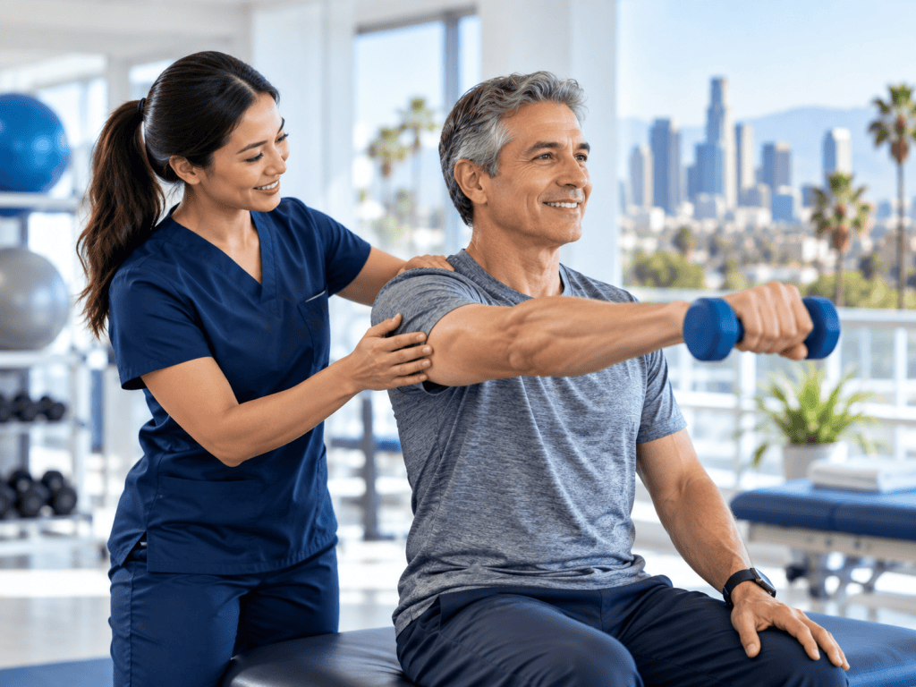 Physical therapist guiding a patient through shoulder rehabilitation