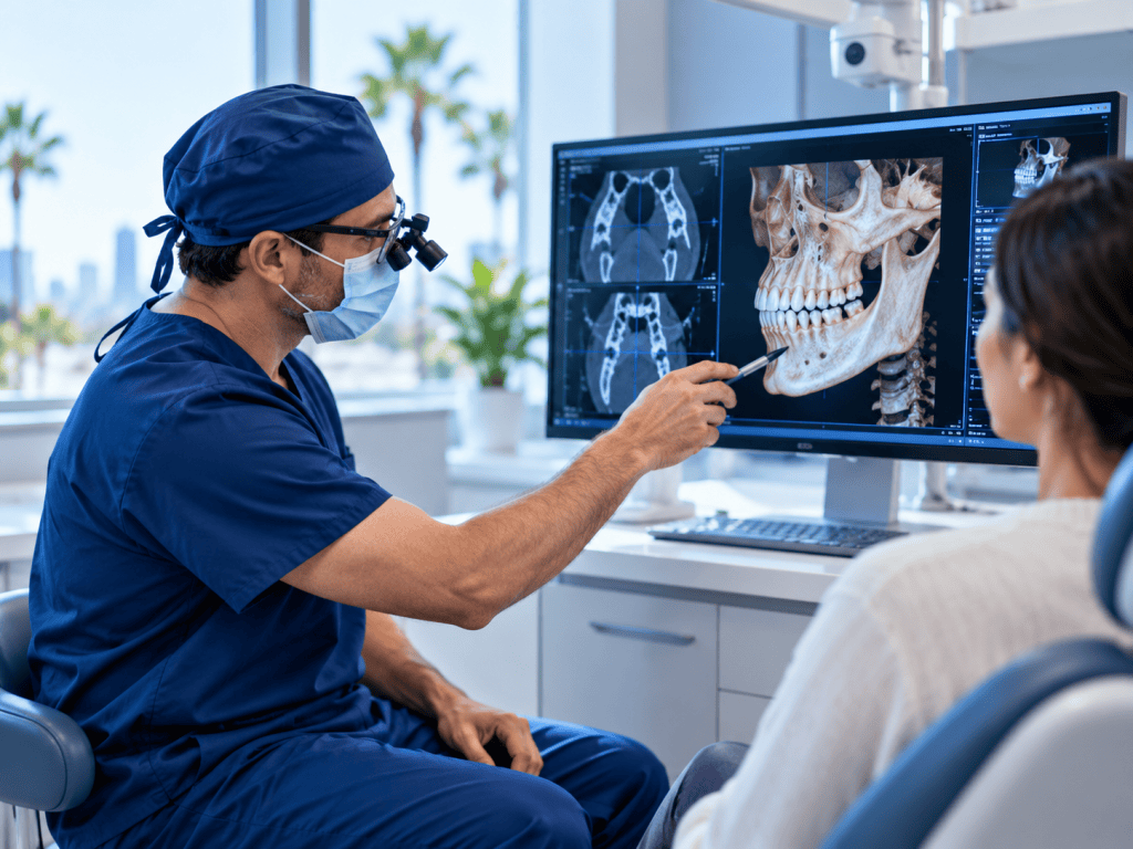 Oral and maxillofacial surgeon reviewing jaw imaging with a patient
