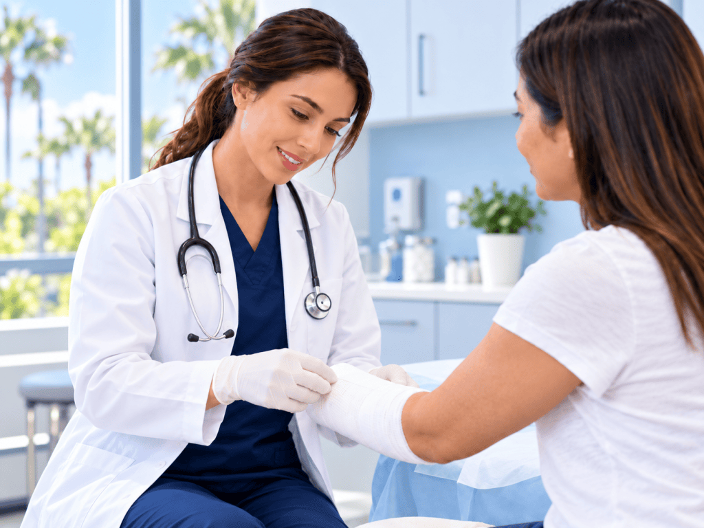 Physician in a white coat and navy scrubs providing non-graphic burn follow-up care in a bright Southern California clinic with palm trees visible through the window